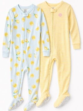 Carter’s Girls Footed Pajamas 4T Lemon Yellow Stripe Zip Sleepers Bundle 2pc